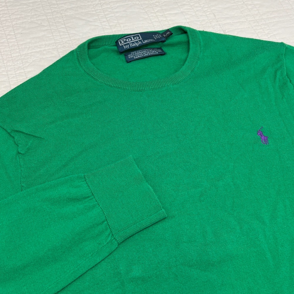 Polo Ralph Lauren Green Cotton Cashmere Crewneck Sweater Purple Pony Mens Large